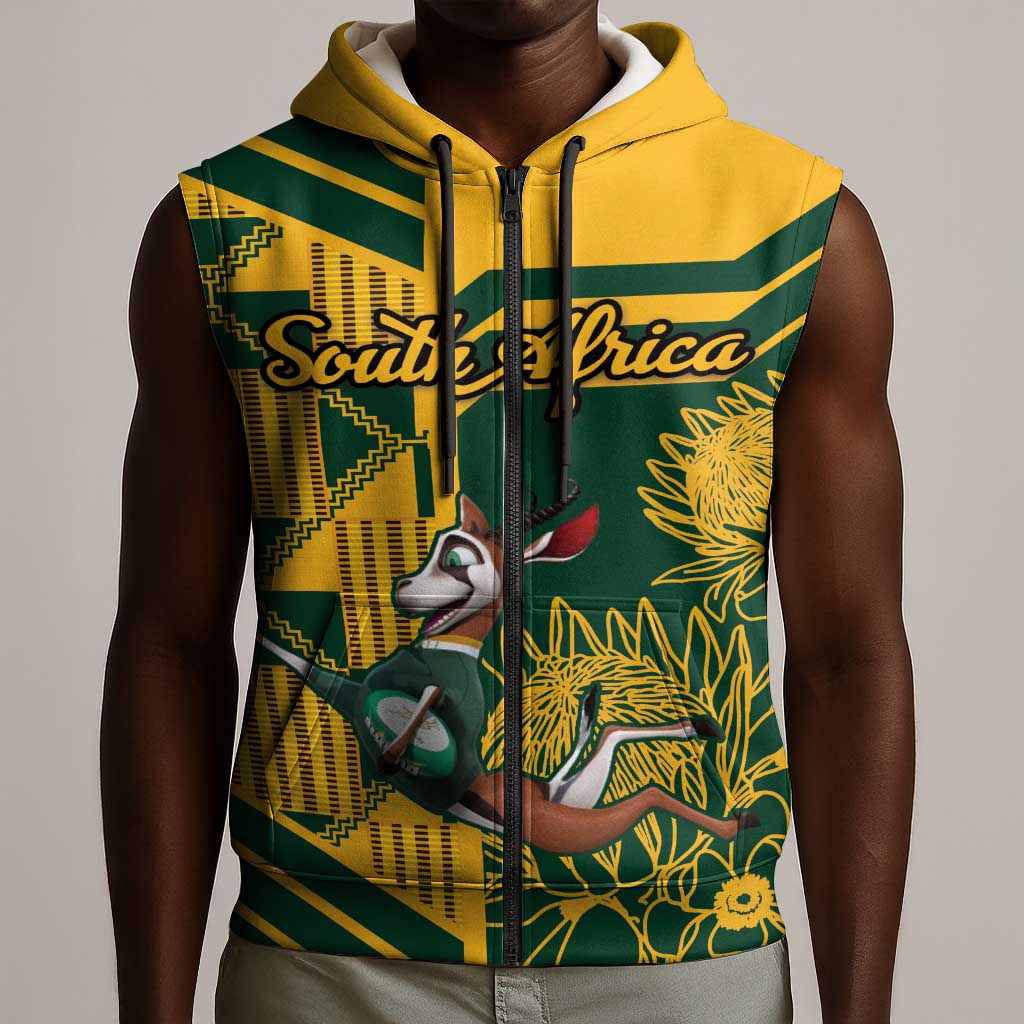 Custom South Africa Rugby Sleeveless Zip Hoodie Springboks With Protea Cynaroides - African Pride