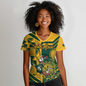 Custom South Africa Rugby Women V-Neck T-Shirt Springboks With Protea Cynaroides