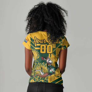 Custom South Africa Rugby Women V-Neck T-Shirt Springboks With Protea Cynaroides