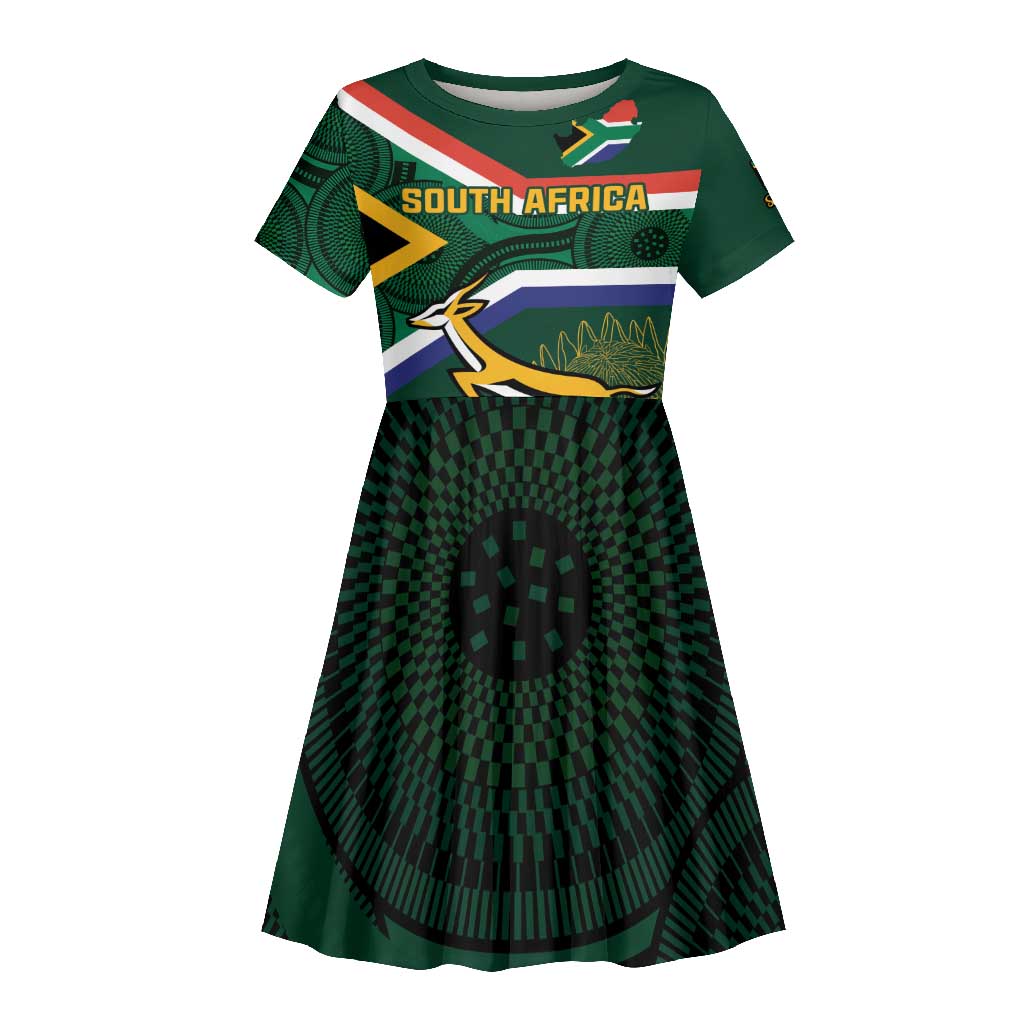 Custom South Africa Rugby Kid Short Sleeve Dress Springboks Mascot African Pattern