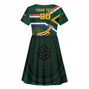 Custom South Africa Rugby Kid Short Sleeve Dress Springboks Mascot African Pattern