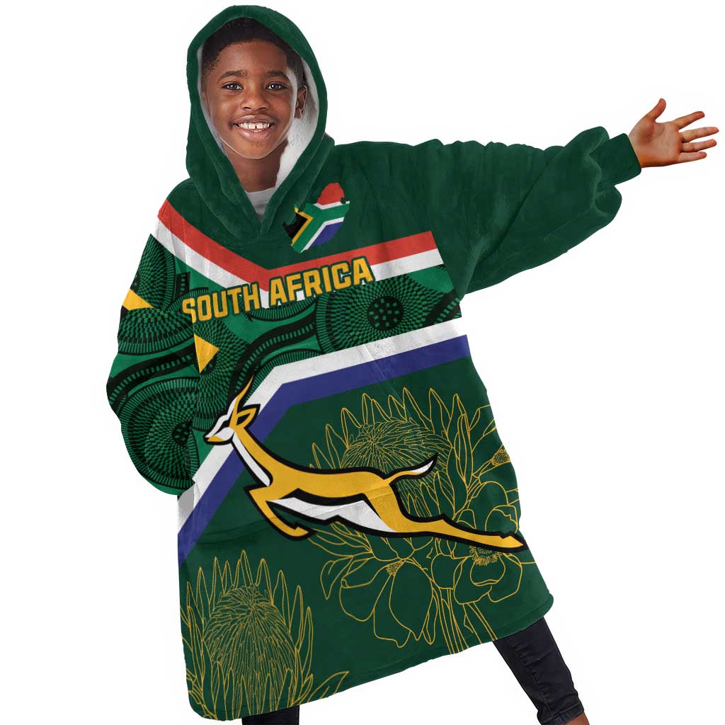 Custom South Africa Rugby KId Wearable Blanket Hoodie Springboks Mascot African Pattern