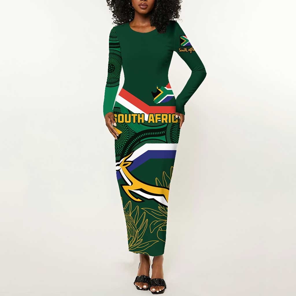 Custom South Africa Rugby Long Sleeve Bodycon Dress Springboks Mascot African Pattern