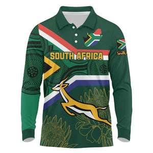 Custom South Africa Rugby Long Sleeve Polo Shirt Springboks Mascot African Pattern