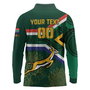 Custom South Africa Rugby Long Sleeve Polo Shirt Springboks Mascot African Pattern