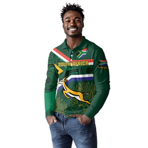 Custom South Africa Rugby Long Sleeve Polo Shirt Springboks Mascot African Pattern