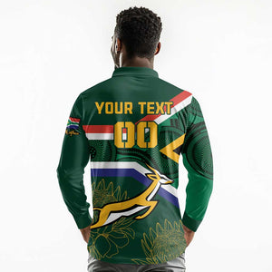 Custom South Africa Rugby Long Sleeve Polo Shirt Springboks Mascot African Pattern