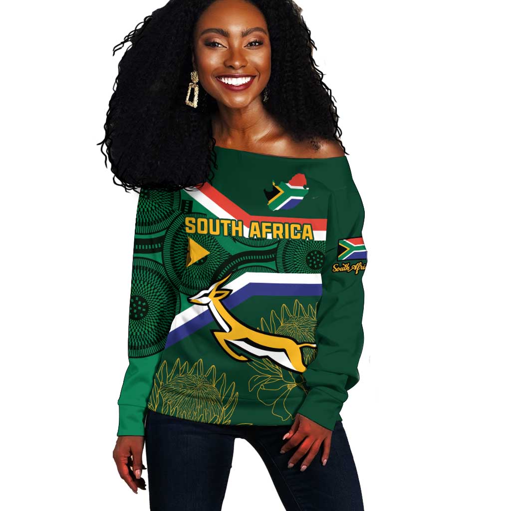 Custom South Africa Rugby Off Shoulder Sweater Springboks Mascot African Pattern