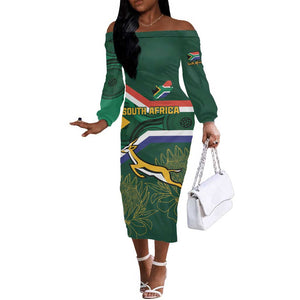 Custom South Africa Rugby Off The Shoulder Long Sleeve Dress Springboks Mascot African Pattern