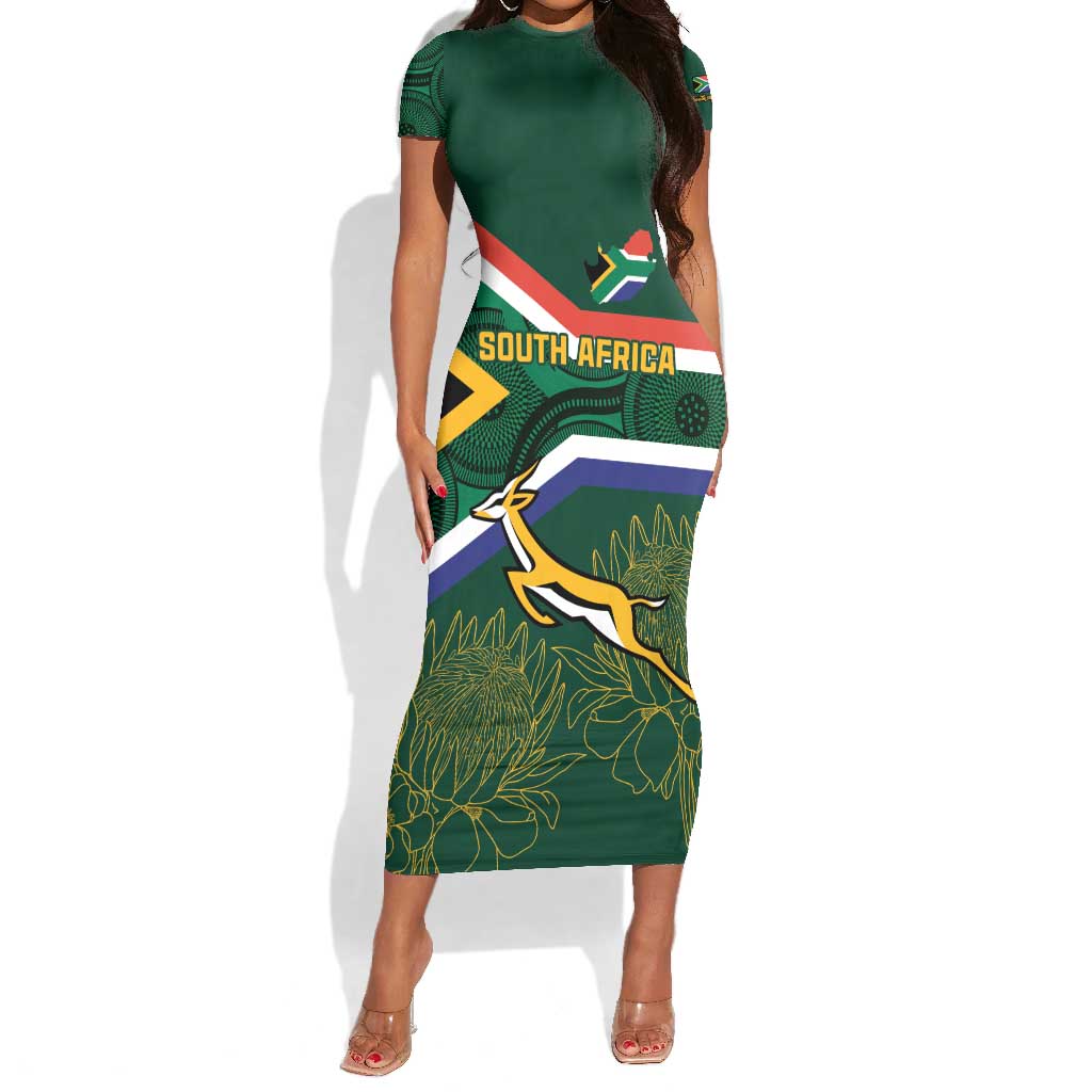 Custom South Africa Rugby Short Sleeve Bodycon Dress Springboks Mascot African Pattern