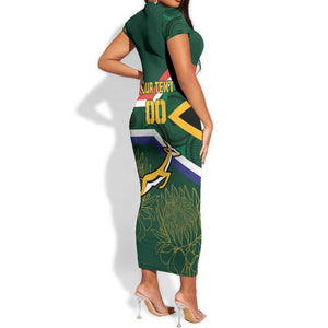 Custom South Africa Rugby Short Sleeve Bodycon Dress Springboks Mascot African Pattern