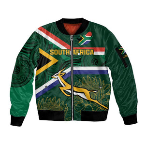 Custom South Africa Rugby Sleeve Zip Bomber Jacket Springboks Mascot African Pattern