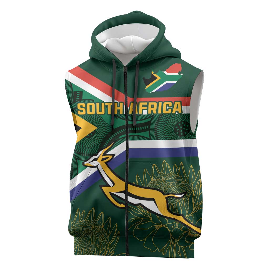 Custom South Africa Rugby Sleeveless Zip Hoodie Springboks Mascot African Pattern - African Pride