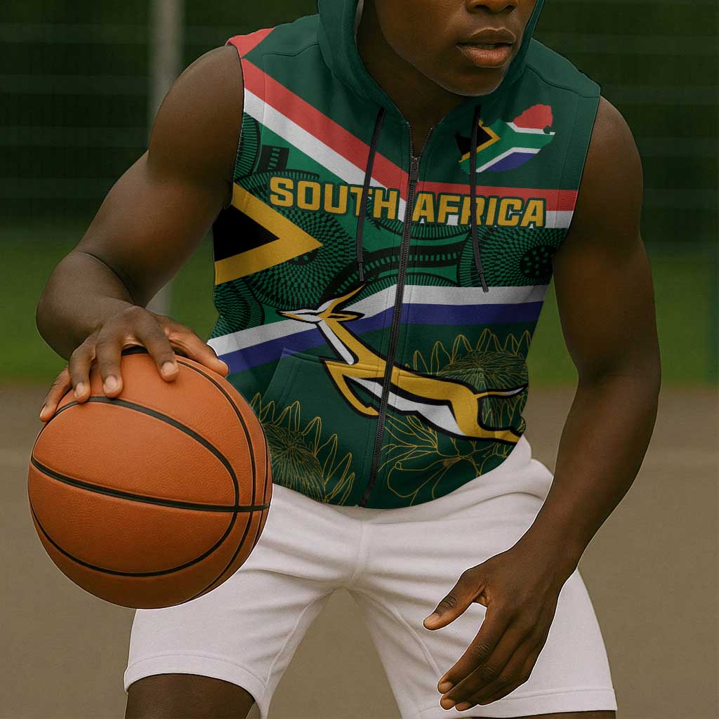 Custom South Africa Rugby Sleeveless Zip Hoodie Springboks Mascot African Pattern - African Pride
