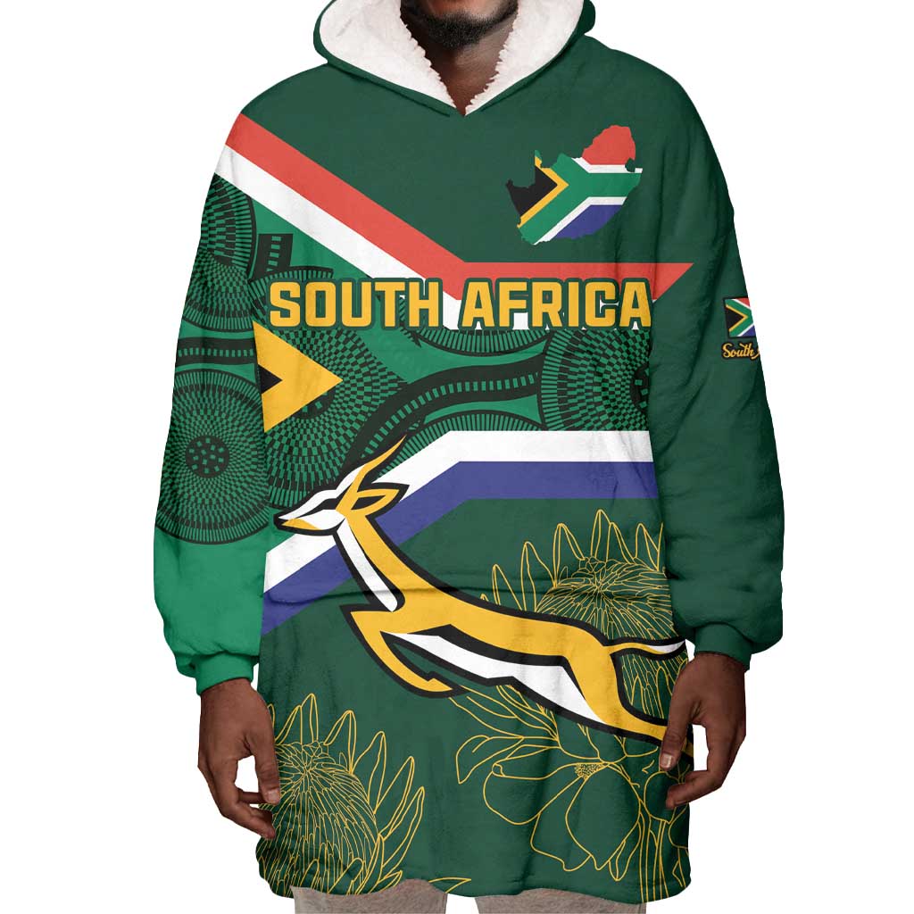 Custom South Africa Rugby Wearable Blanket Hoodie Springboks Mascot African Pattern