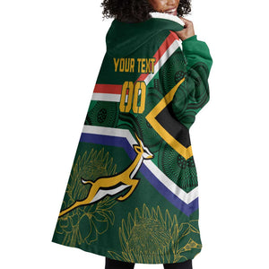 Custom South Africa Rugby Wearable Blanket Hoodie Springboks Mascot African Pattern