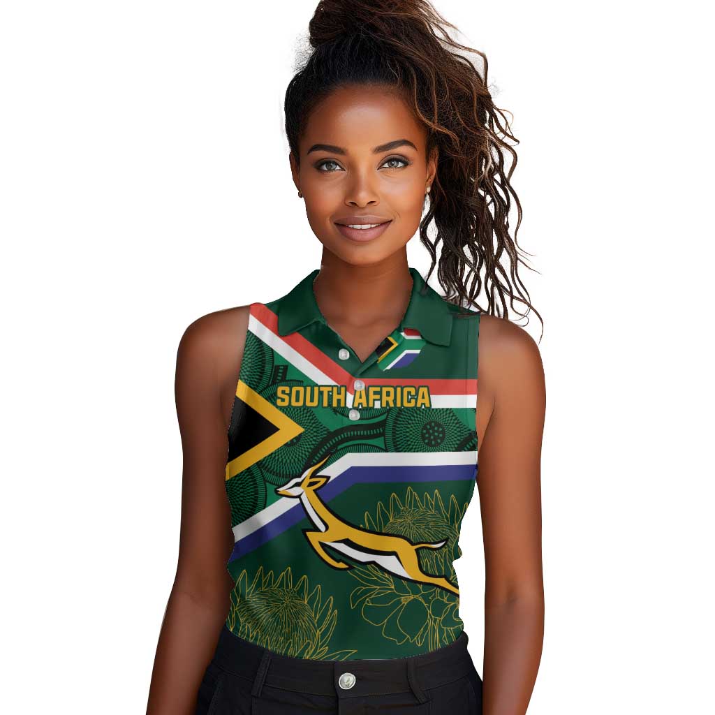 Custom South Africa Rugby Women Sleeveless Polo Shirt Springboks Mascot African Pattern