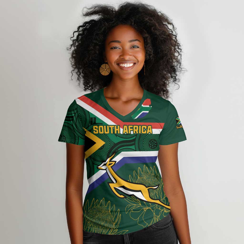 Custom South Africa Rugby Women V-Neck T-Shirt Springboks Mascot African Pattern