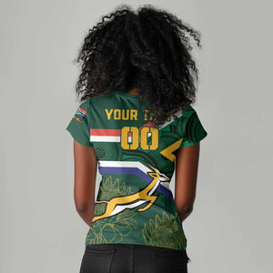 Custom South Africa Rugby Women V-Neck T-Shirt Springboks Mascot African Pattern