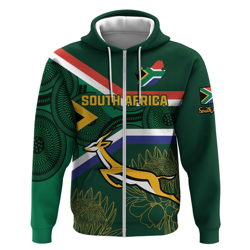 Custom South Africa Rugby Zip Hoodie Springboks Mascot African Pattern