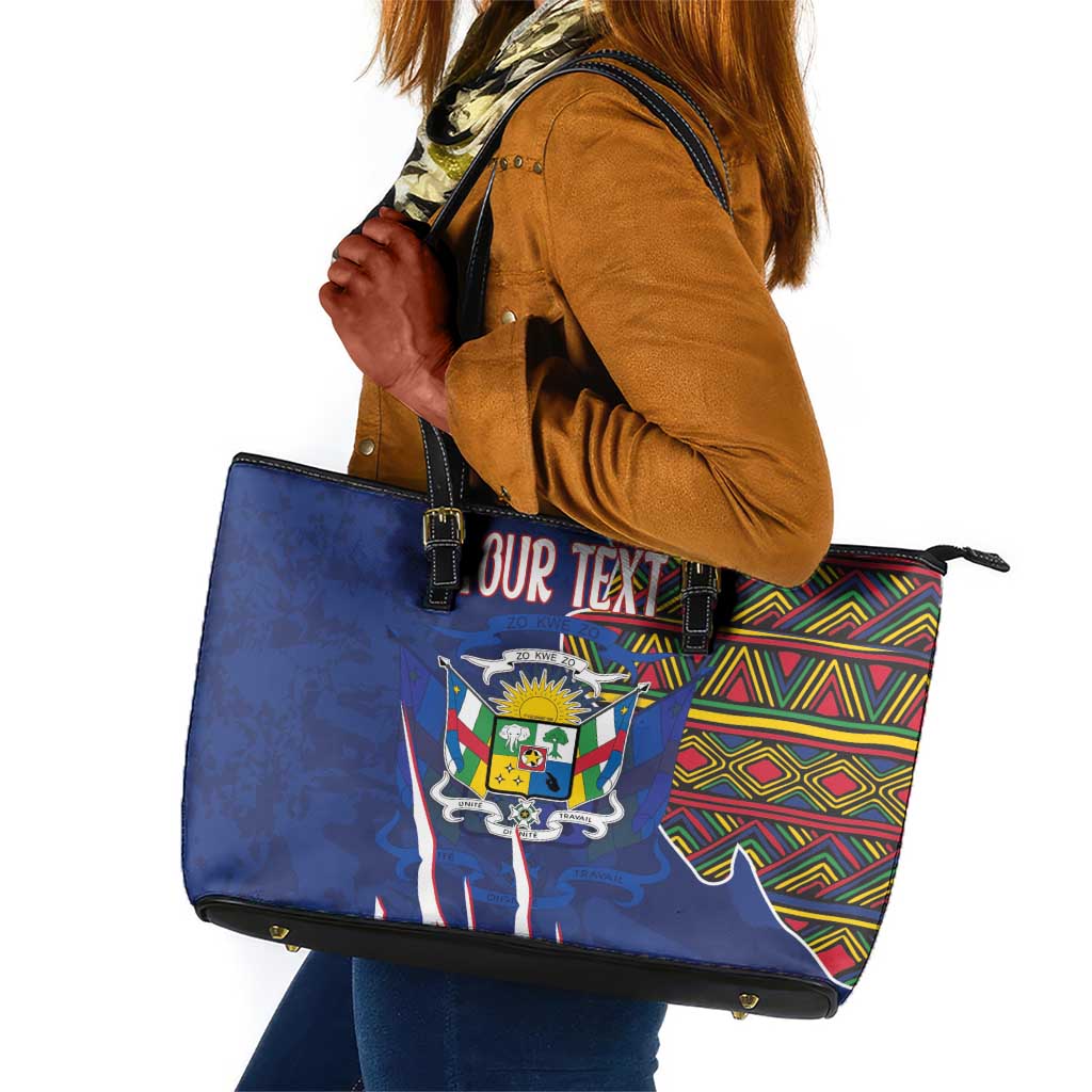 Personalized Central African Republic Coat Of Arms Leather Tote Bag Kente Pattern