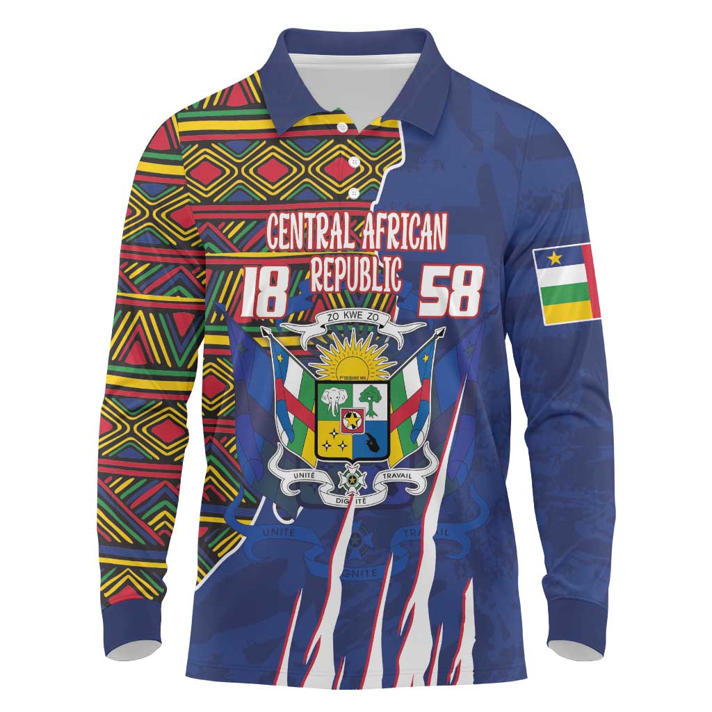 Personalized Central African Republic Coat Of Arms Long Sleeve Polo Shirt Kente Pattern