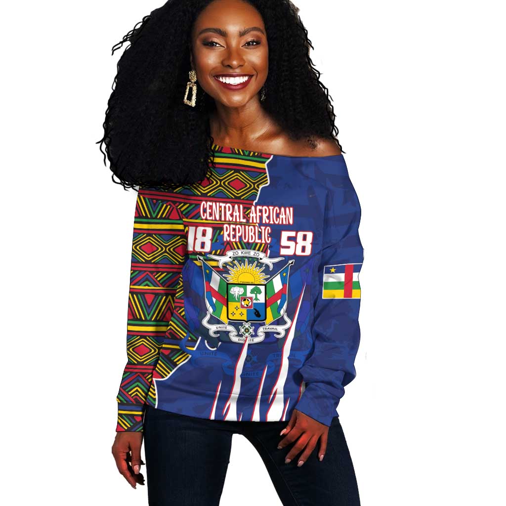 Personalized Central African Republic Coat Of Arms Off Shoulder Sweater Kente Pattern