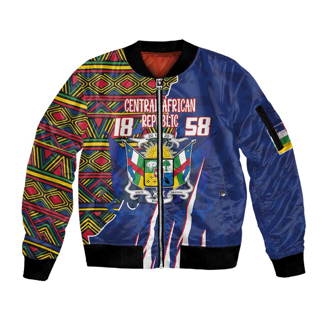 Personalized Central African Republic Coat Of Arms Sleeve Zip Bomber Jacket Kente Pattern