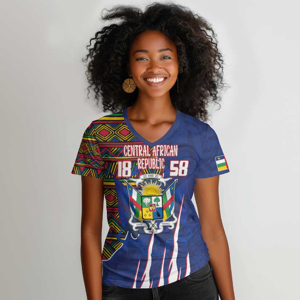 Personalized Central African Republic Coat Of Arms Women V-Neck T-Shirt Kente Pattern