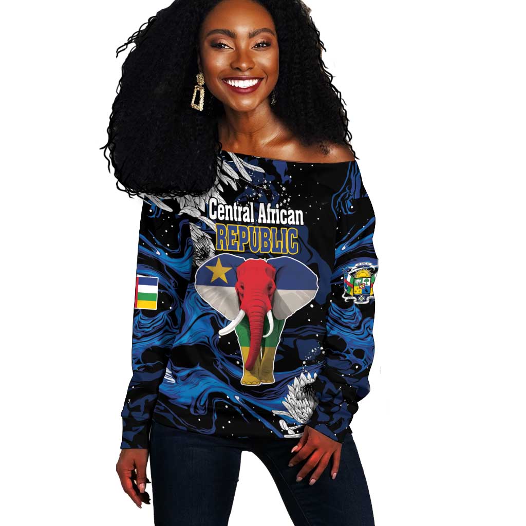 Personalized Central African Republic Off Shoulder Sweater Elephant With King Protea