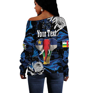 Personalized Central African Republic Off Shoulder Sweater Elephant With King Protea