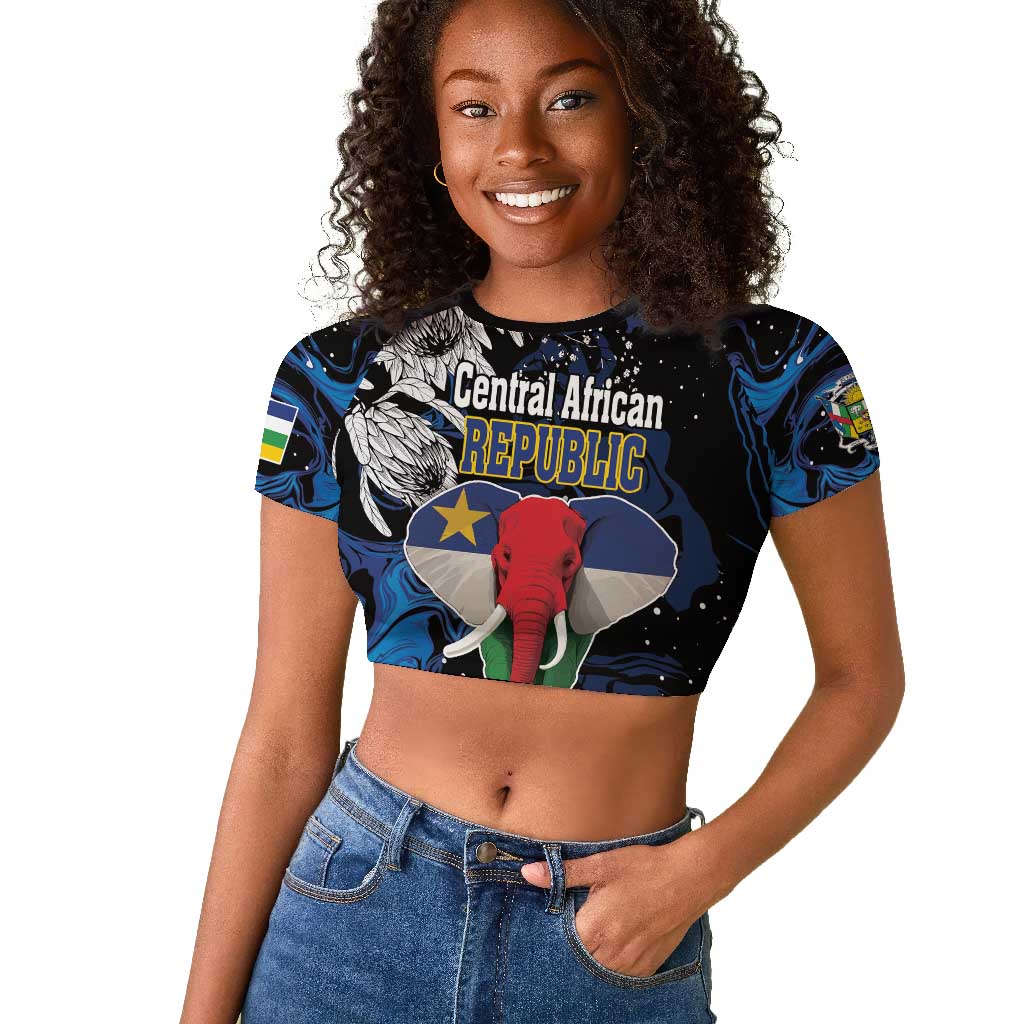 Personalized Central African Republic Raglan Cropped T shirt Elephant With King Protea