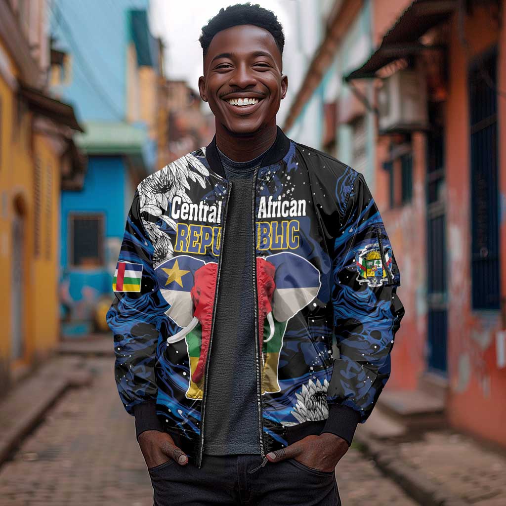 Personalized Central African Republic Sleeve Zip Bomber Jacket Elephant With King Protea