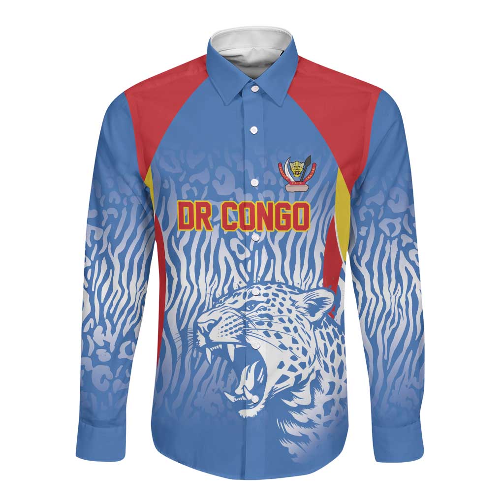 Custom DR Congo Football 2026 Long Sleeve Button Shirt Leopard Power Fan Style