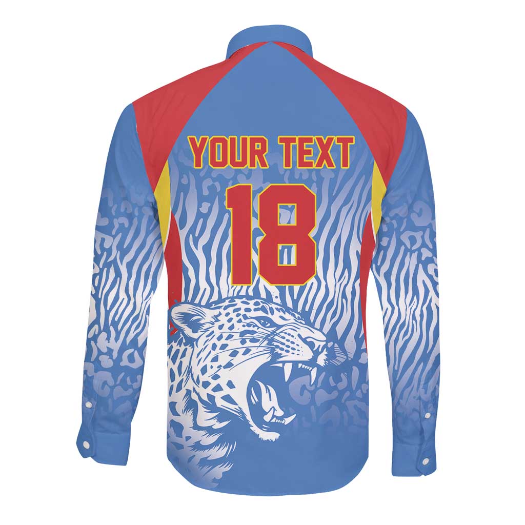 Custom DR Congo Football 2026 Long Sleeve Button Shirt Leopard Power Fan Style