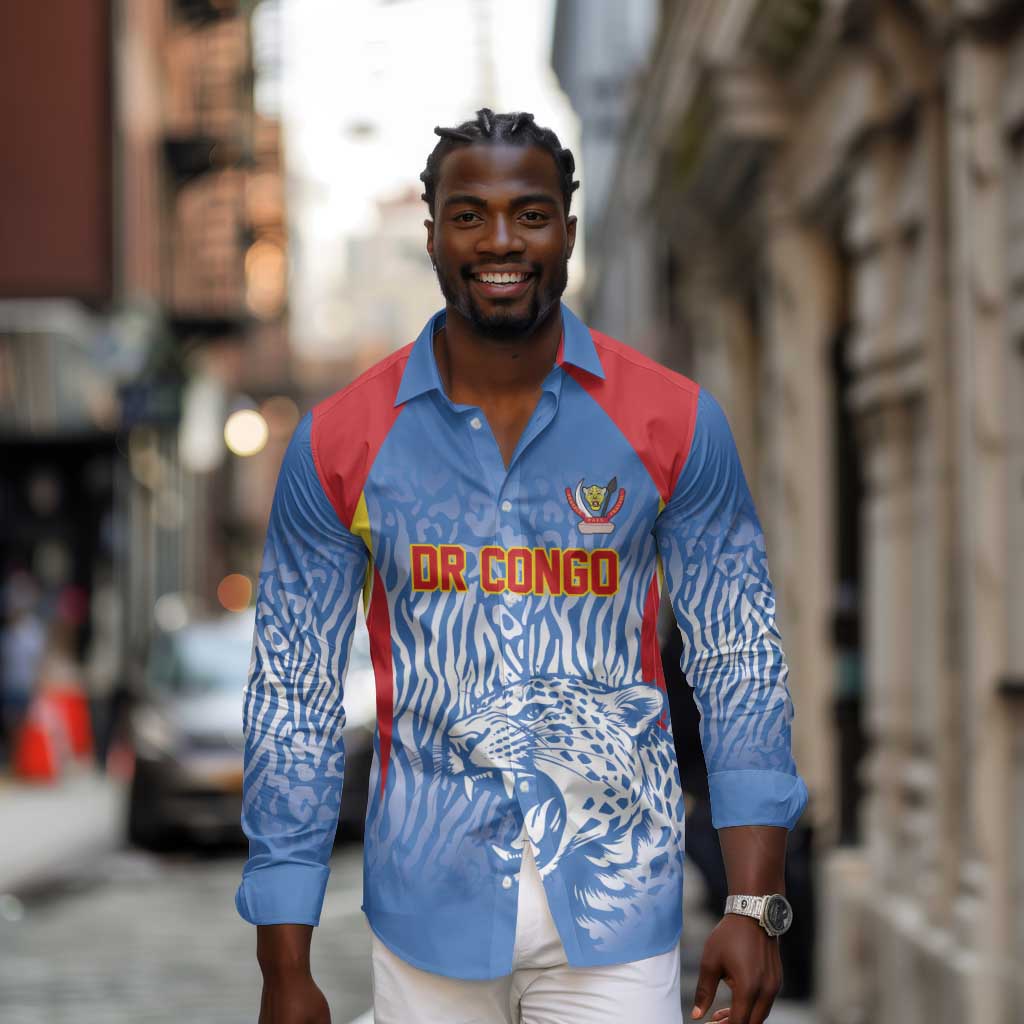 Custom DR Congo Football 2026 Long Sleeve Button Shirt Leopard Power Fan Style
