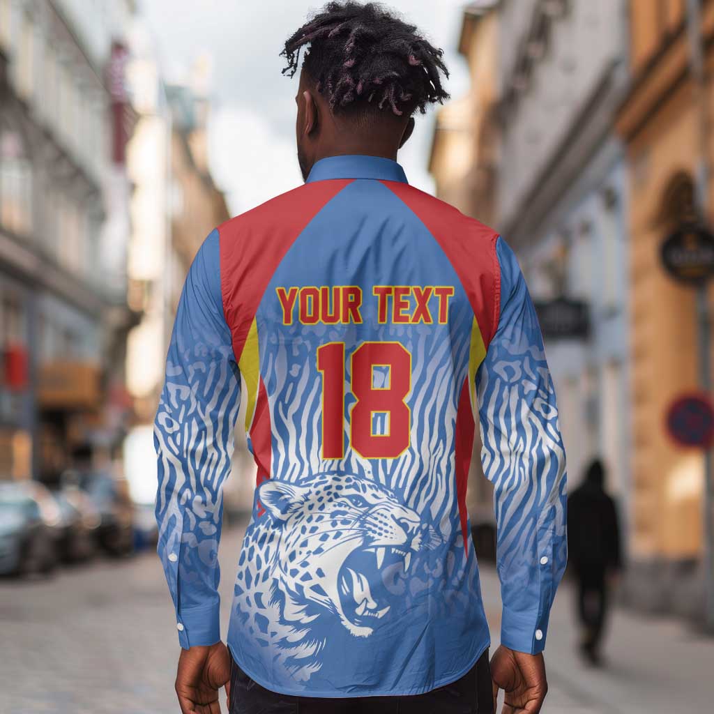 Custom DR Congo Football 2026 Long Sleeve Button Shirt Leopard Power Fan Style