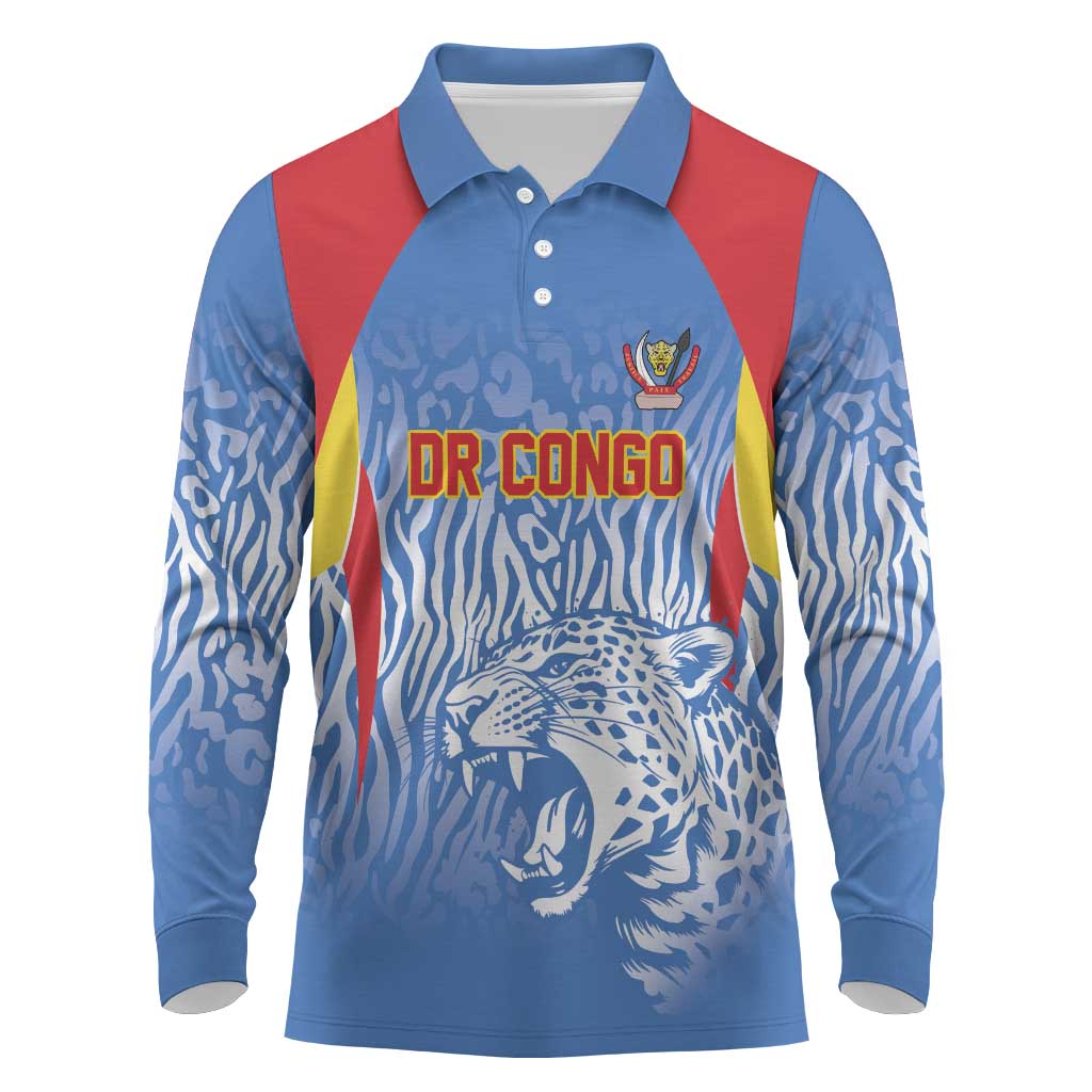 Custom DR Congo Football 2026 Long Sleeve Polo Shirt Leopard Power Fan Style