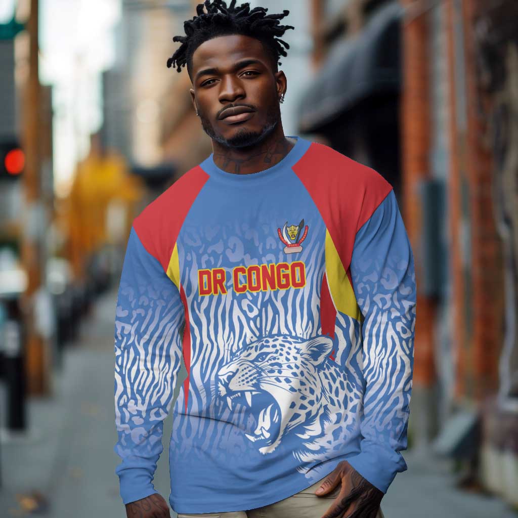 Custom DR Congo Football 2026 Long Sleeve Shirt Leopard Power Fan Style