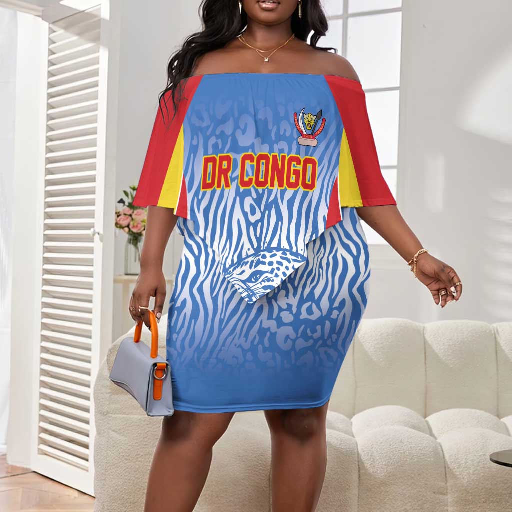 Custom DR Congo Football 2026 Off Shoulder Short Dress Leopard Power Fan Style
