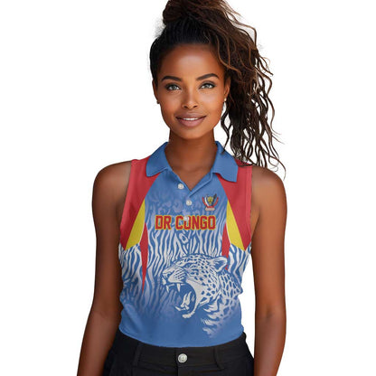 Custom DR Congo Football 2026 Women Sleeveless Polo Shirt Leopard Power Fan Style