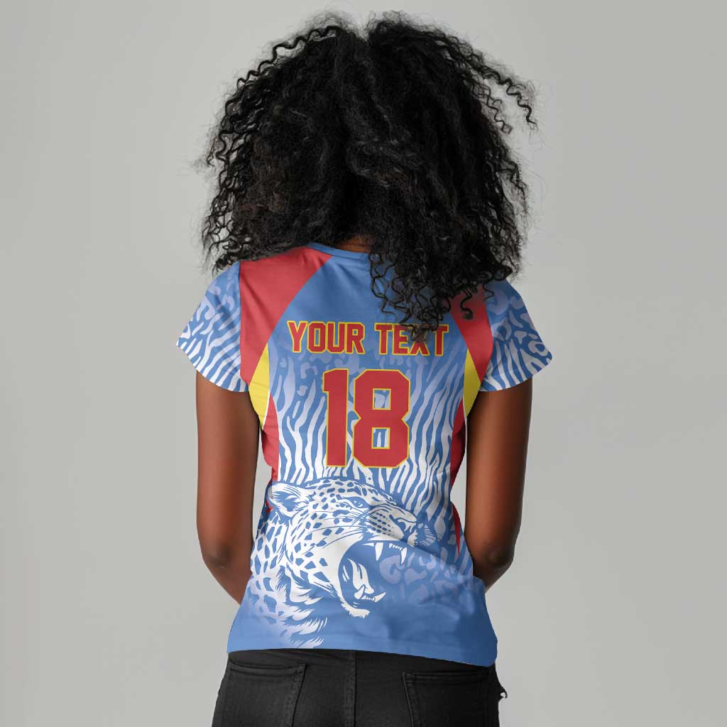 Custom DR Congo Football 2026 Women V-Neck T-Shirt Leopard Power Fan Style