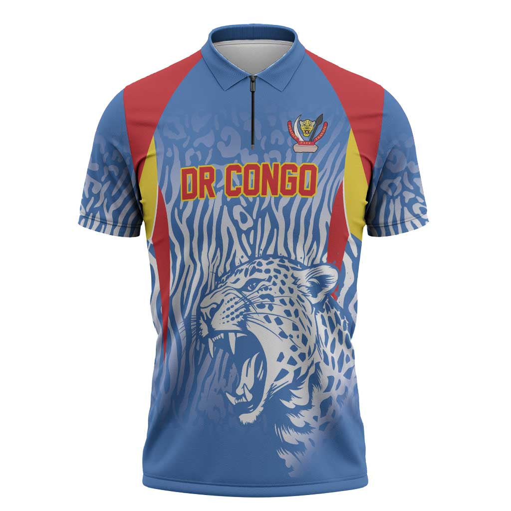 Custom DR Congo Football 2026 Zipper Polo Shirt Leopard Power Fan Style