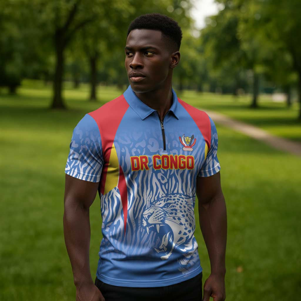 Custom DR Congo Football 2026 Zipper Polo Shirt Leopard Power Fan Style