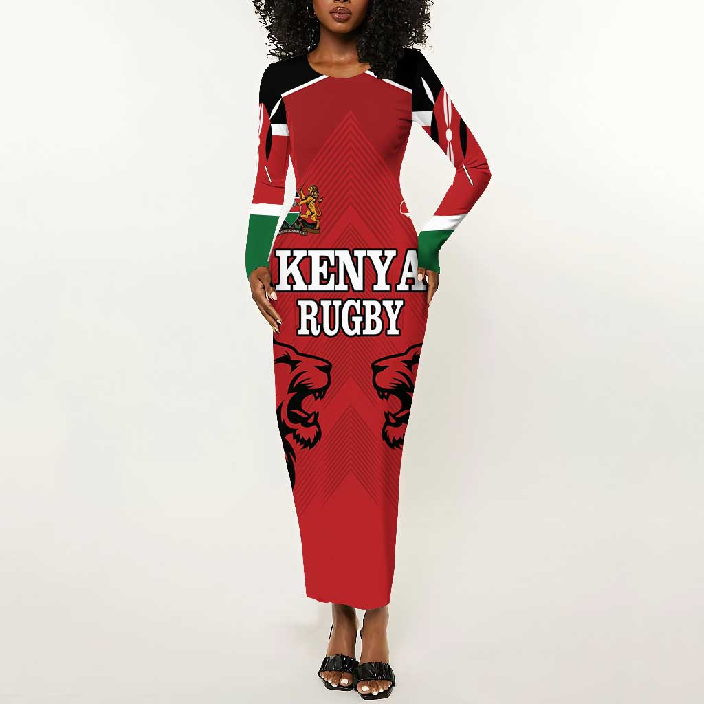 Custom Afro Kenya Rugby Long Sleeve Bodycon Dress African Lion Head