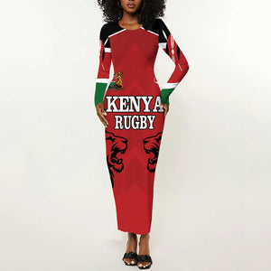 Custom Afro Kenya Rugby Long Sleeve Bodycon Dress African Lion Head