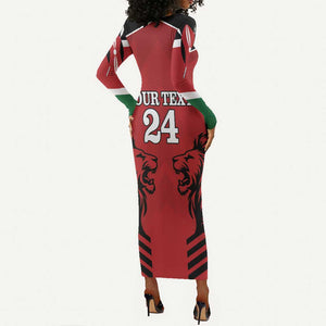 Custom Afro Kenya Rugby Long Sleeve Bodycon Dress African Lion Head