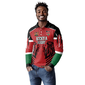 Custom Afro Kenya Rugby Long Sleeve Polo Shirt African Lion Head