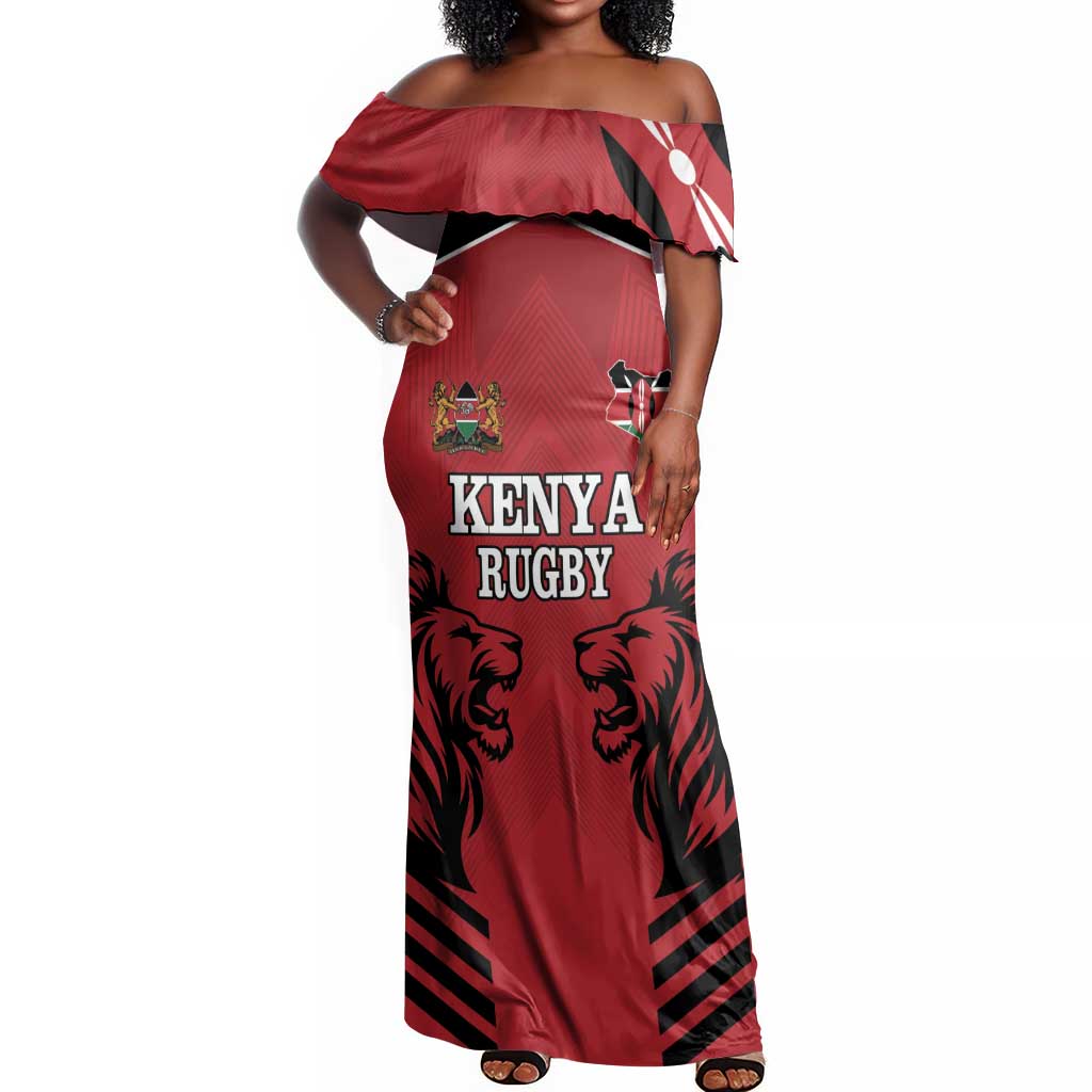 Custom Afro Kenya Rugby Off Shoulder Maxi Dress African Lion Head