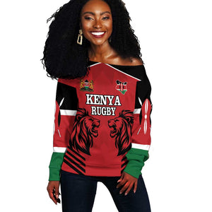 Custom Afro Kenya Rugby Off Shoulder Sweater African Lion Head